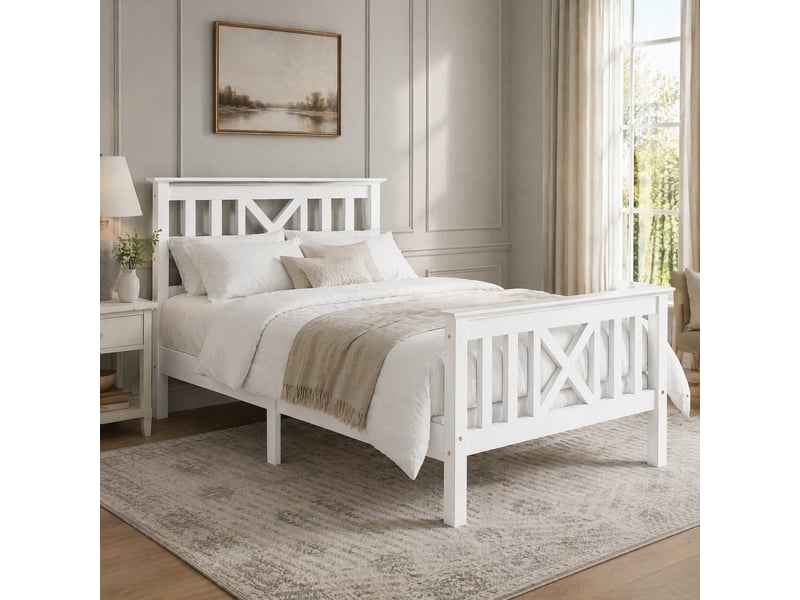  Lit simple 90x200 cm avec tête de lit en x, bois de pin et mdf blanc  - Conforama B