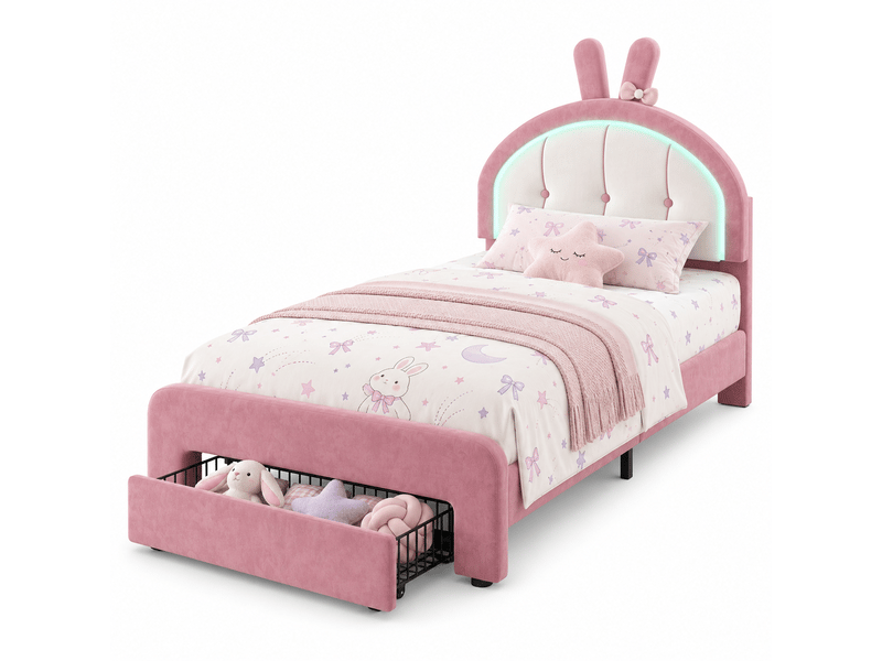  Lit enfant fille 90x200 avec tiroir - led rgb réglable - tête de lit avec oreilles de lapin - sommier - lit une place - velours rose  - Conforama A