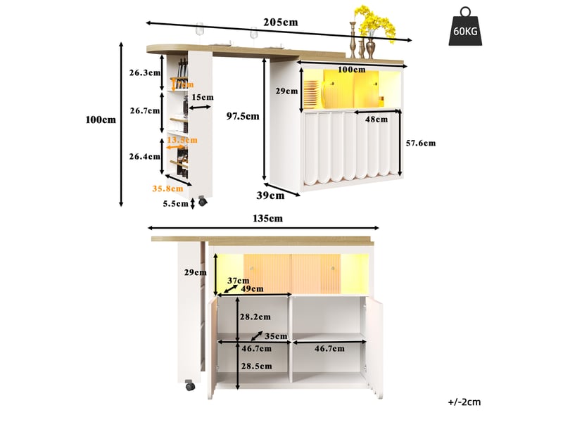  Table de bar extensible mobile avec rangement 135-205 x 39 x 100 cm, led, blanc  - Conforama C