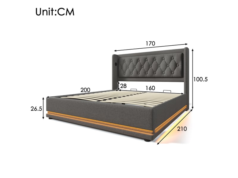Lit coffre adulte 160x200 cm – gris – rangement hydraulique, led 3 côtés et matelas à ressorts inclus - Conforama C
