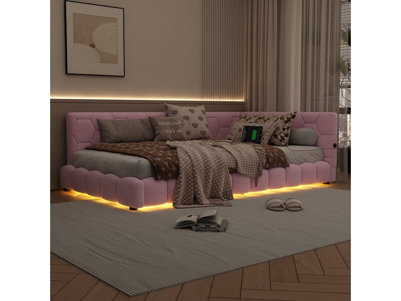  Canapé-lit 90 × 200 cm, lit avec sommier à lattes, éclairage d'ambiance à 16 couleurs, port usb-c, tissu imitation peluche, rose  - Conforama E