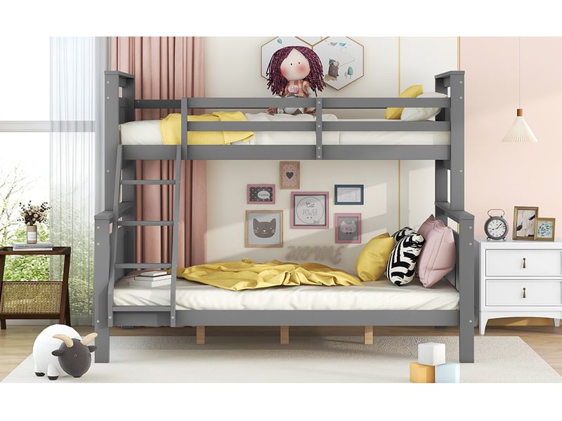 Lit superposé 3 places 90×200 cm et 140×200 cm avec barrière - convertible en 2 lits, sans matelas, pin gris - Conforama E