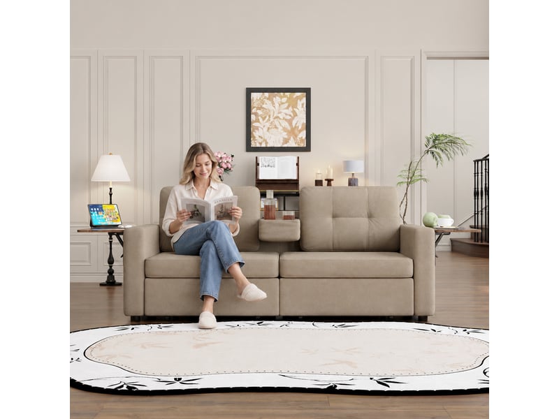  Canapé droit 2 places en chenille 178 x 71 cm avec rangement intégré, tablette rabattable, porte-gobelets et assise réglable - kaki  - Conforama D