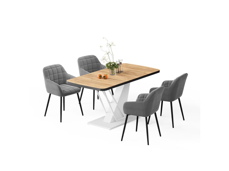  Vicco ensemble de table à manger, chêne de force doréblanc, 120x80cm avec 4 chaises de salle à manger  - Conforama E