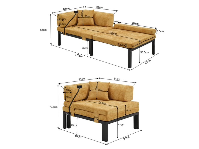  Lit banquette 1 place avec couchage escamotable, gain de place, sans matelas, en velours, jaune  - Conforama D