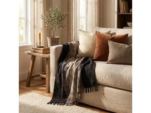 Plaid décoratif 100 % coton avec pompons yantra - gris