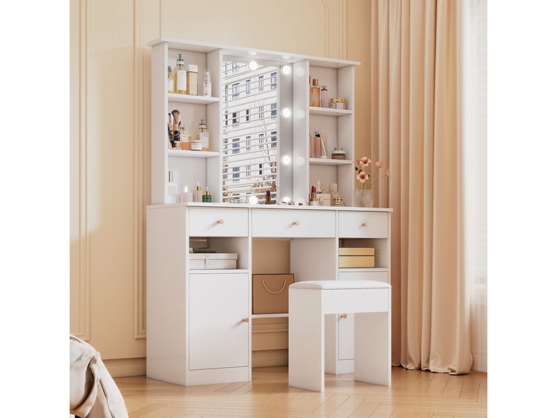  Coiffeuse hollywood avec miroir 46x72 cm et led réglable, rangement, 110x40x151 cm, panneau de particules, blanc  - Conforama W