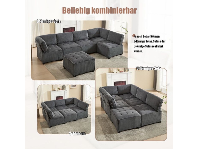 Canapé modulaire 6 places - velours côtelé - ergonomique - flexible - poches de rangement gris - Conforama C