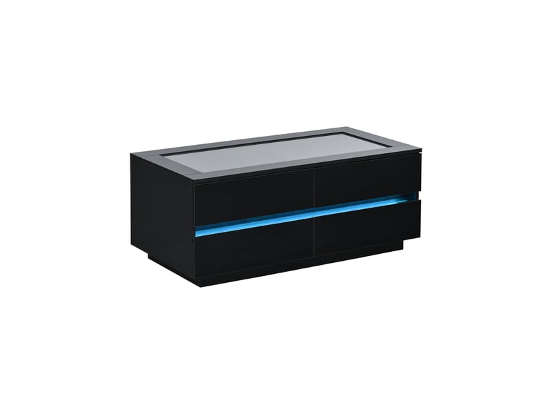  Table basse noire 100 x 50 x 40 cm, avec 4 tiroirs, éclairage led, plateau en verre trempé et finition brillante, panneaux de particules, charge maximale 35 kg  - Conforama E