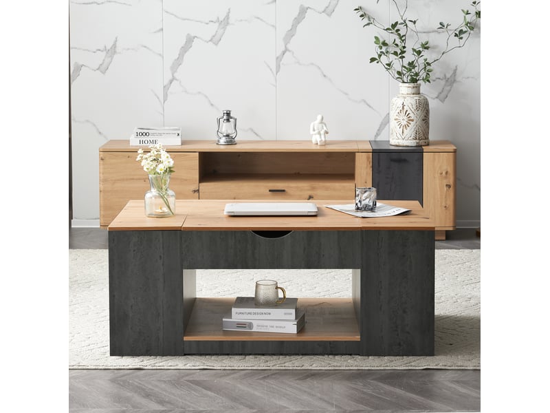  Table basse relevable 109.5x59.7 cm grise et marron effet bois avec rangement  - Conforama D