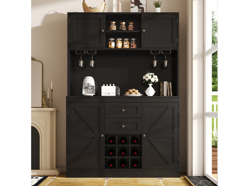  Buffet cuisine 4 portes et 2 tiroirs, 120 x 40 x 188 cm, étagères réglables, range-bouteilles et dispositif anti-basculement, mdf, noir Morn Vibe - Conforama D