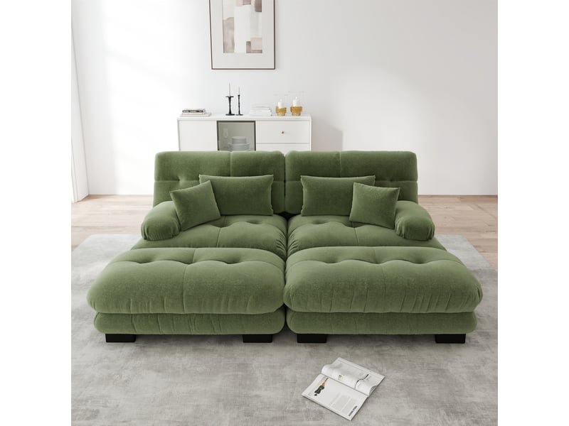  Canapé d'angle cloud en chenille beige clair, sofa salon avec 2 coussins lombaires, 2 coussins déco, 2 ottomans, larges accoudoirs  - Conforama D