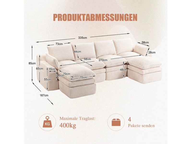 Canapé droit modulable 4 places en velours côtelé beige avec 2 poufs, poches latérales et coussins confortables  - Conforama C