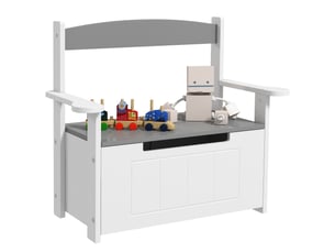 Banc rangement enfant, dossier, couvercle fermeture douce, charge 30kg. Salle de jeux, 68,5 x 34 x 58 cm, grisblanc.