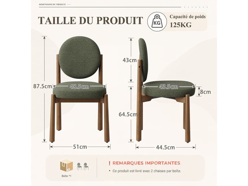 Lot de 2 chaises de salle à manger design moderne, dossier rond confortable, assise épaisse rembourrée, pieds en bois robustes, structure stable pour cuisine et salon, vert - Conforama C