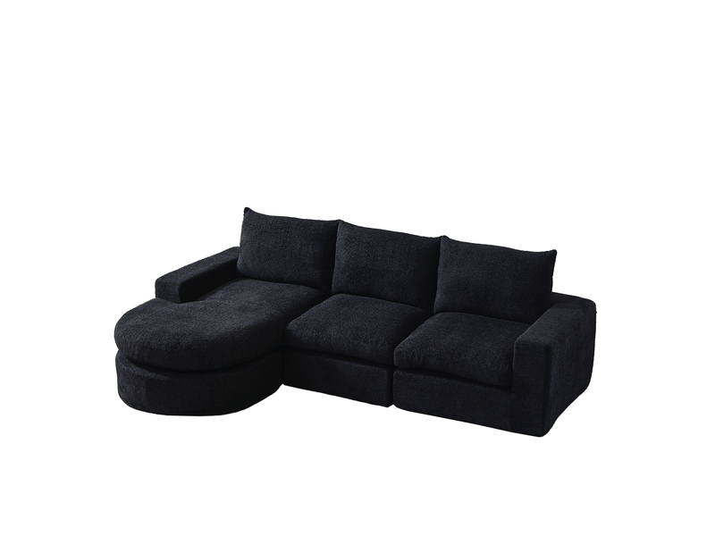  Canapé d'angle réversible 3 places modulable avec méridienne et coussins de nuque en chenille noir  - Conforama A