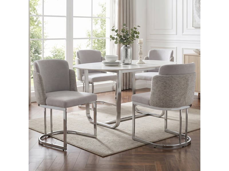  Chaises de salle à manger lot de 2 à double dossier  - pieds métal chromé chenille gris clair et argent  - Conforama C