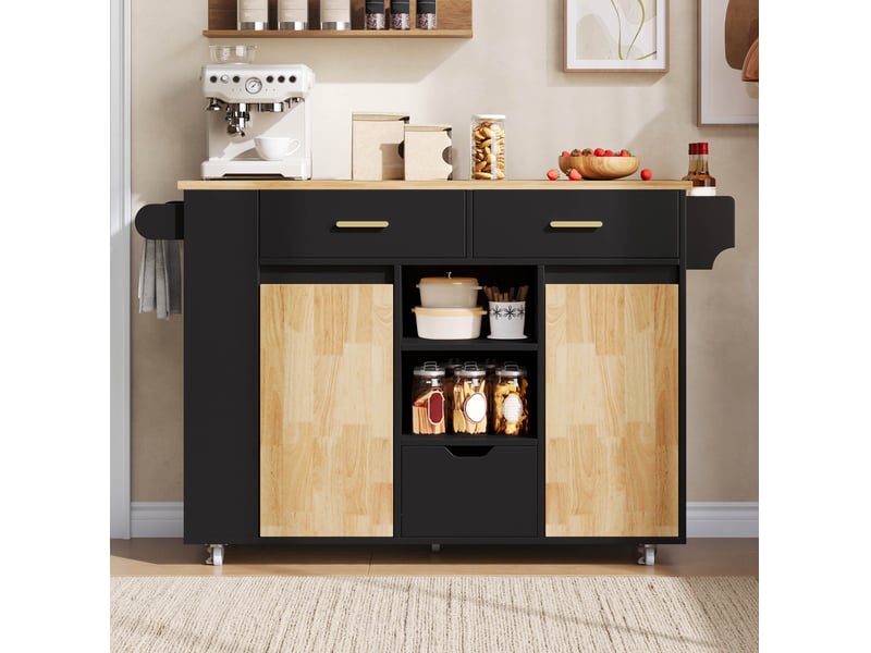 Desserte de cuisine à plateau rabattable, 3 tiroirs, 2 portes, roulettes verrouillables, noir naturel 120 × 71 × 90 cm - Conforama E