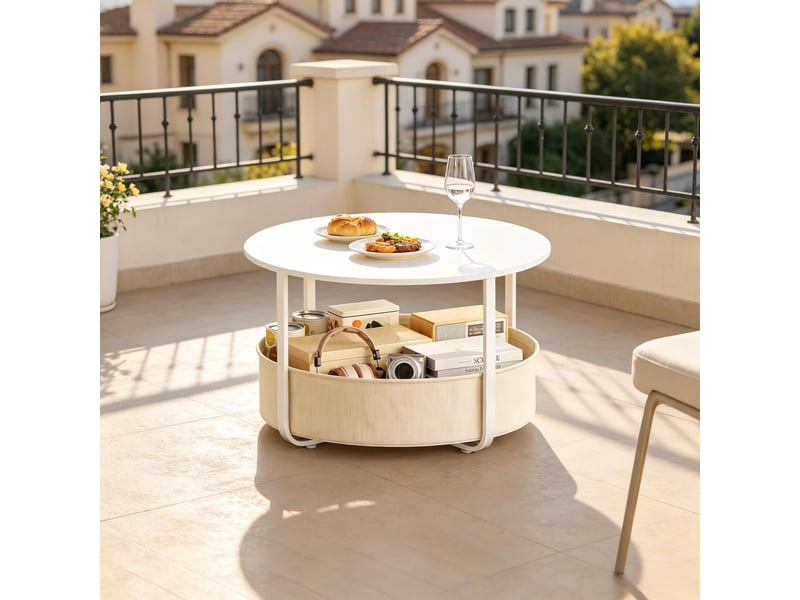  Table basse ronde avec panier de rangement pour salon en métal et toile ø 80×50 cm beige et blanc  - Conforama B