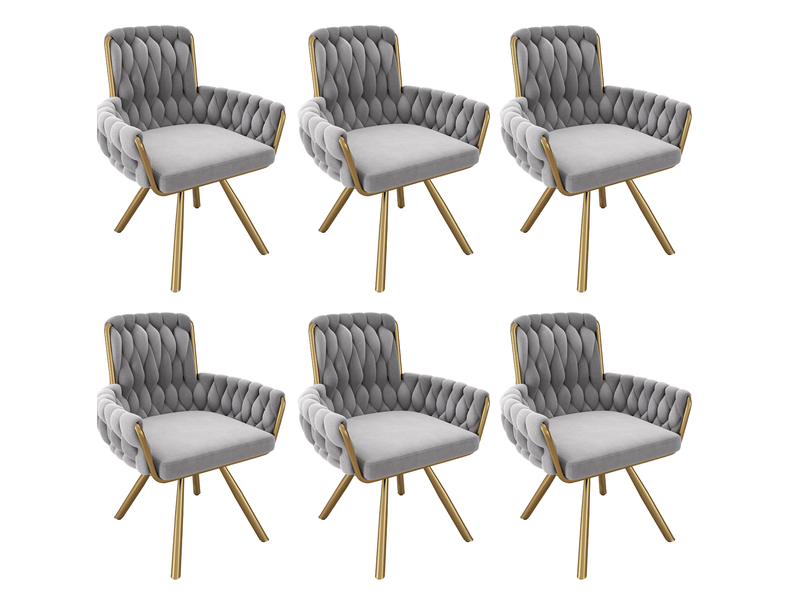Lot de 6 chaises de salle à manger, en tissu velouté gris+doré, avec accoudoirs, pivotantes, pieds métalliques - Conforama A