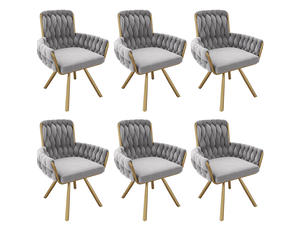 Lot de 6 chaises de salle à manger, en tissu velouté gris+doré, avec accoudoirs, pivotantes, pieds métalliques