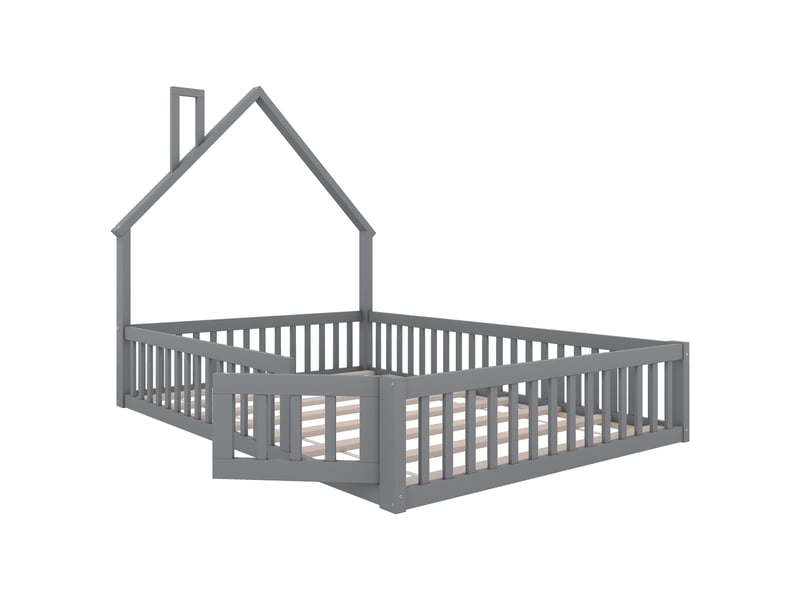 Lit enfant rembourré, 140 × 200 cm, gris, pin et mdf, forme cheminée, sommier à lattes, garde-corps, sans matelas - Conforama A