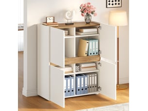 Armoire de rangement 4 portes 90x40x110 cm en panneaux de particules, blanc et chêne