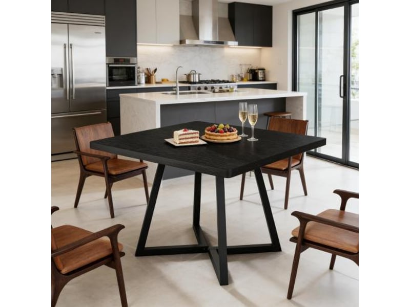  Table à manger carrée industrielle 2 à 4 places - lpospi - plateau mdf cadre métal noir, 80 × 80 cm  - Conforama E