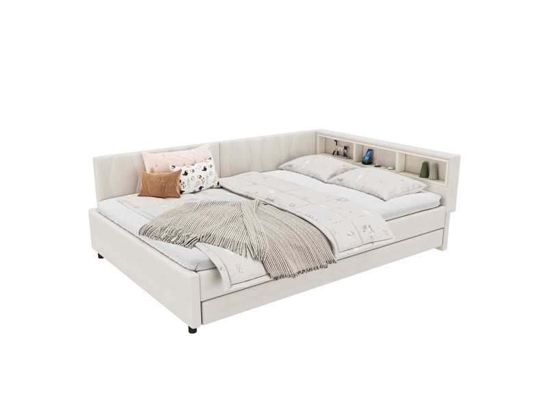  Lit gigogne 140x200 canapé lit beige avec led, port usbtype-c et rangements  - Conforama A