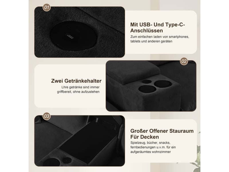  Canapé modulable, canapé de salon, en chenille, noir, porte-gobelets, adapté à l'espace de vie, style cloud  - Conforama A
