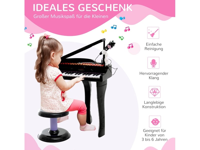  Piano électronique enfant 37 touches noir abs, avec tabouret, microphone et mode d'apprentissage led  - Conforama D