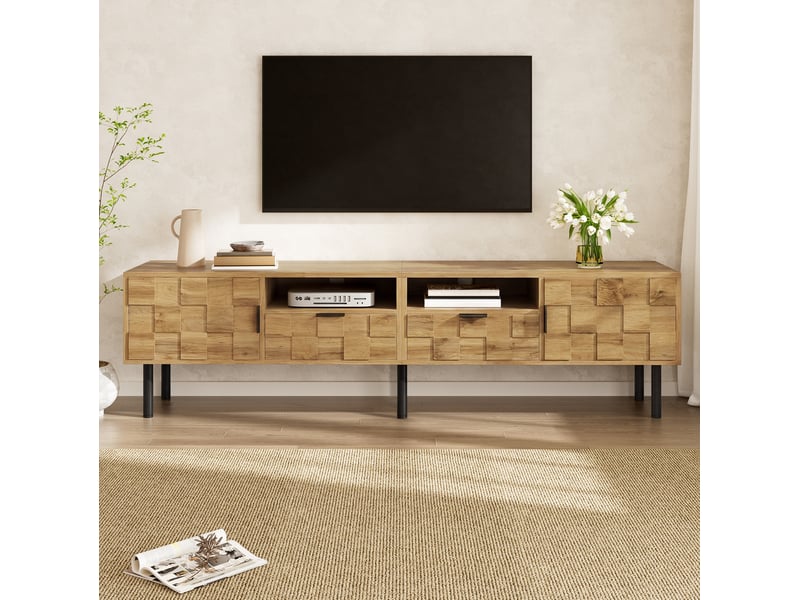  Meuble tv ulevr avec rangement 160 x 35 x 42,5 cm, 2 portes, 2 tiroirs, passe-câbles, panneau de particules naturel et noir  - Conforama D