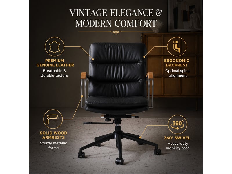 Chaise de bureau en cuir noir ergonomique réglable en hauteur avec accoudoirs en chêne et roulettes  - Conforama R