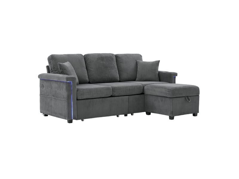 Canapé d’angle 3 places 194x73x81 cm avec led, usb-c, repose-pieds coffre, porte-gobelets, poches, salon chambre bureau, velours côtelé, gris foncé Bubbly - Conforama A