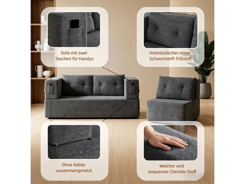  Fauteuil convertible modulable tissu gris foncé, canapé lit pliable avec rangement intégré et poches latérales pour salon moderne  - Conforama W