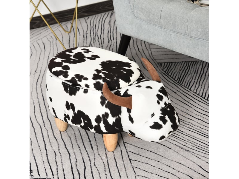  Pouf animal vache avec rangement 62 x 35 x 36 cm noir et blanc, assise en tissu flanelle, pieds en bois d'hévéa  - Conforama B