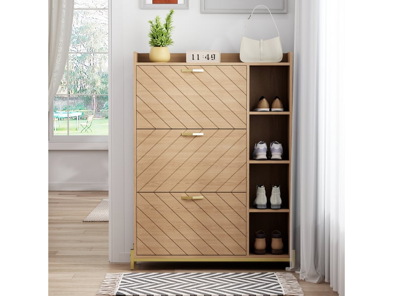  Meuble chaussures 90x24x119 cm, rangements ouverts, 3 portes abattantes, fermeture douce, en panneau mdf, naturel  - Conforama B