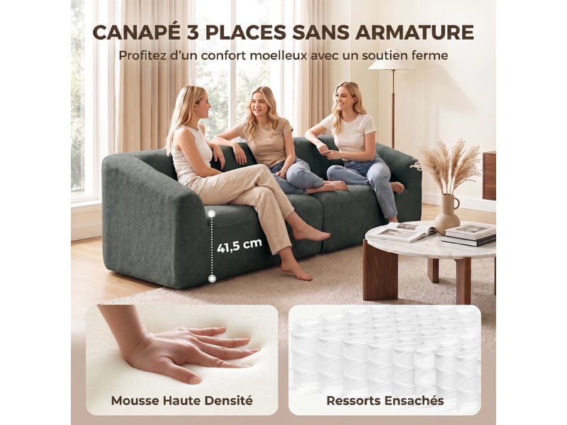  Canapé 3 places en chenille 225 cm, canapé salon rembourré moderne avec assise large, vert foncé, coussin à ressorts  - Conforama D