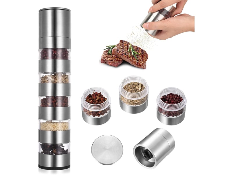  Ensemble de 5 moulins à sel et à poivre portables en acier inoxydable, comprenant des mini-pots à épices pour barbecue, camping et pique-nique  - Conforama A