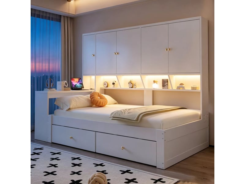  Lit combiné simple 90×200 cm bureau, led, 2 tiroirs et prises - okmyhome- blanc, sans matelas, mdf  - Conforama C