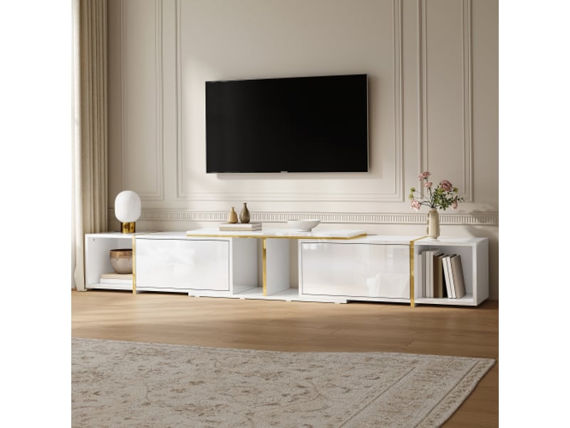 Meuble tv extensible à façades brillantes – design moderne, étagères ouvertes, panneau de particules - Conforama E