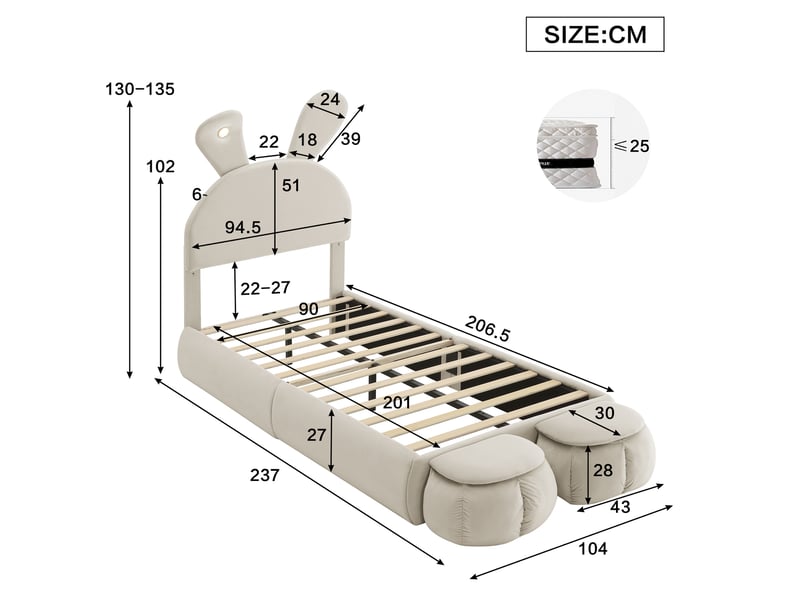  Lit enfant 90 x 200 cm en velours beige avec oreilles de lapin, led et 2 poufs Fay Lum - Conforama C