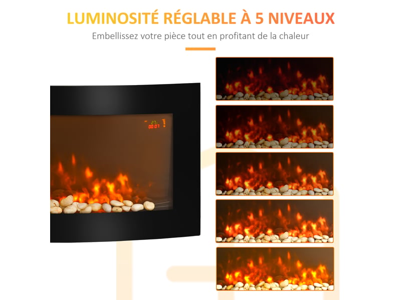  Cheminée électrique murale éclairages latéraux led design affichage avant-gardiste led avec télécommande et minuterie 10002000 w luminosité réglable noir  - Conforama R