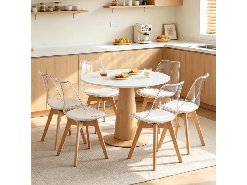  Lot de 6 chaises de salle à manger 42x42x83 cm – blanc – assise rembourrée en simili cuir et pieds en bois  - Conforama D