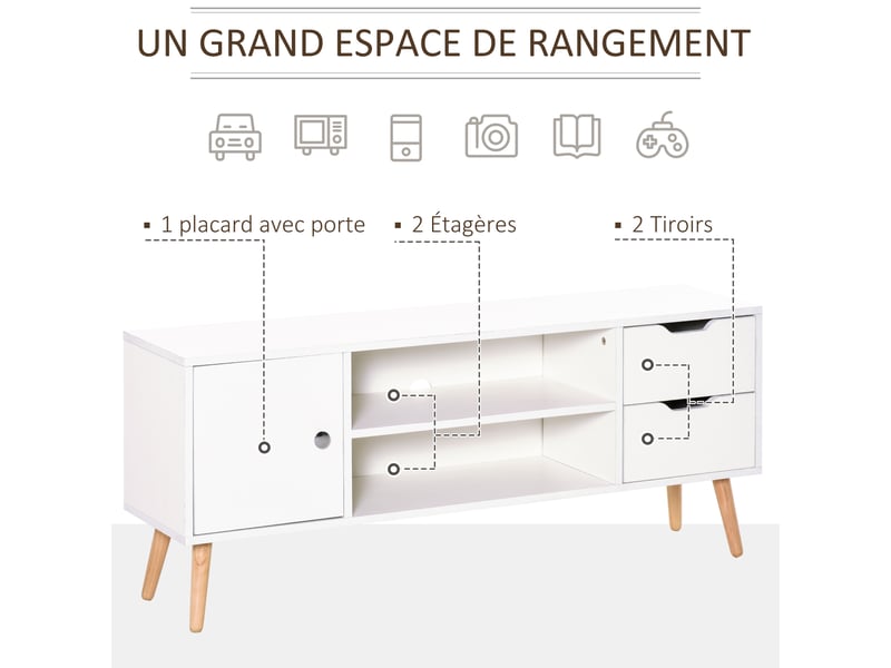  Meuble tv banc tv style scandinave placard 2 niches 2 tiroirs passe-fils panneaux particules blanc pin bois  - Conforama A