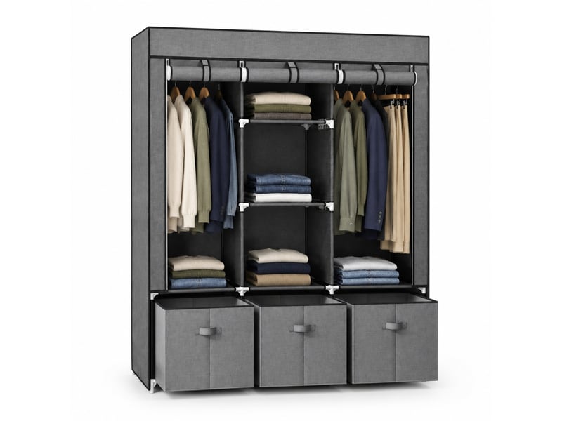  Armoire avec 2 penderies, 5 étagères et 3 tiroirs, housse zippée pour chambre, acier gris foncé, 125×43×162,5 cm  - Conforama A