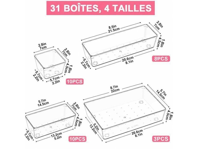  Organisateur de tiroirs lot 31 bacs modulaires empilables en plastique transparent 4 tailles  - Conforama B