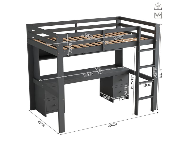  Lit mezzanine enfant 90x200 cm gris avec bureau et rangements  - Conforama C