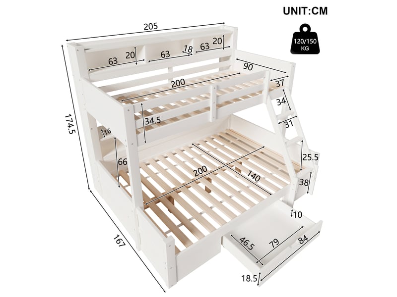  Lit superposé enfant 3 places 90×200 cm et 140×200 cm avec led, rangements et tiroir - okmyhome- sans matelas, blanc  - Conforama D