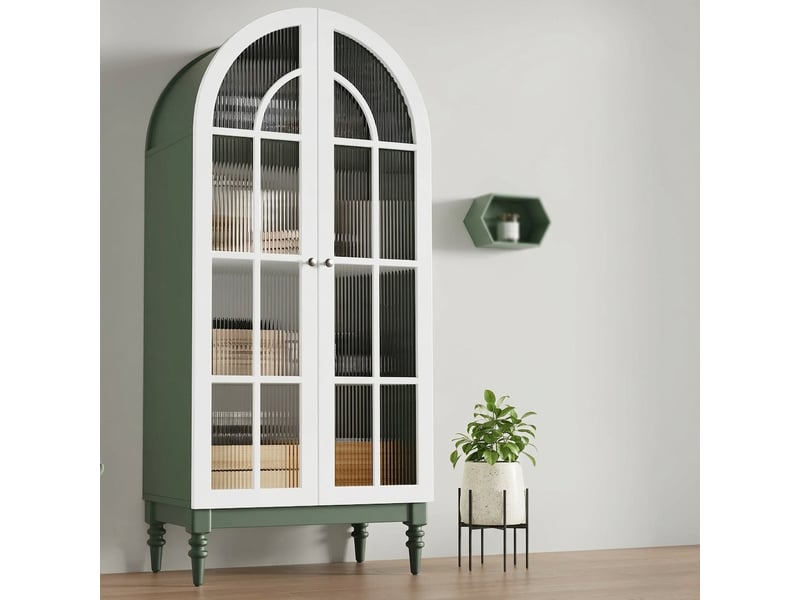  Buffet de cuisine vitrine vert 165 cm avec portes en verre strié et 3 étagères, design arqué  - Conforama D